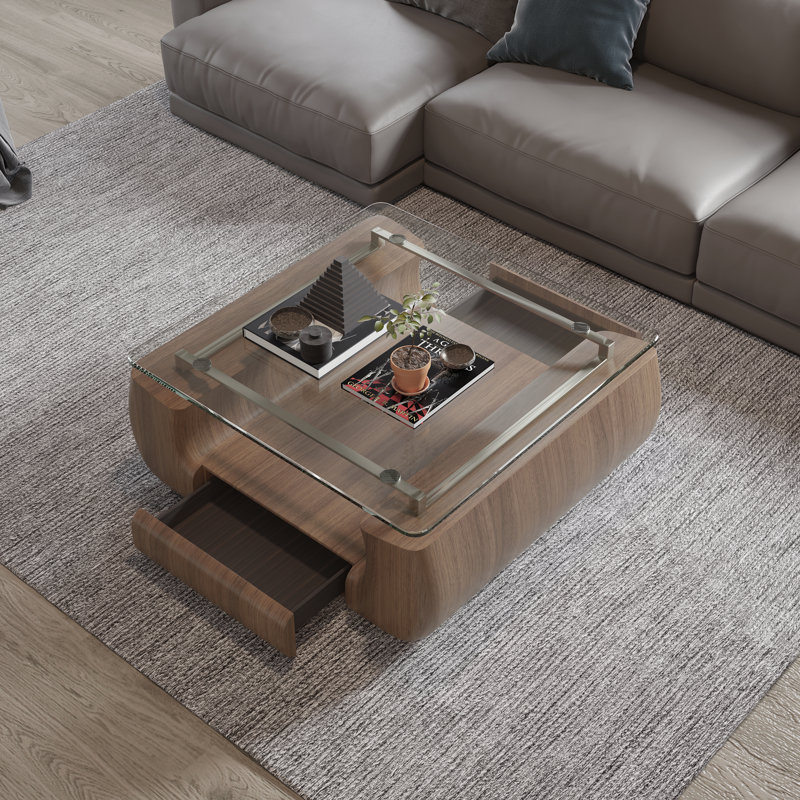 42.52" Square Wood & Glass Coffee Table with Drawer