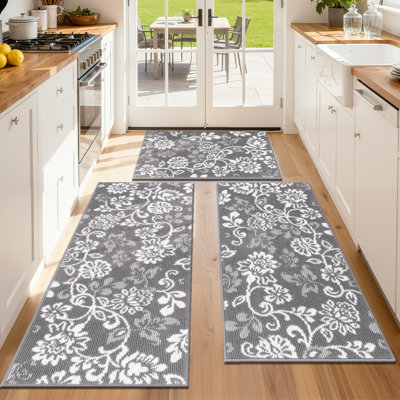 24"W Floral Non Slip Washable Kitchen Mat (Set of 3)