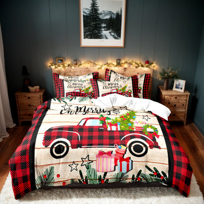 Christmas Truck Plaid Microfiber Duvet Cover Set with Pillowcases, Digital Print, Reversible Holiday Front with White Back, Zipper Closure, Twin Full Queen King, Comforter and Pillow Inserts Not Included