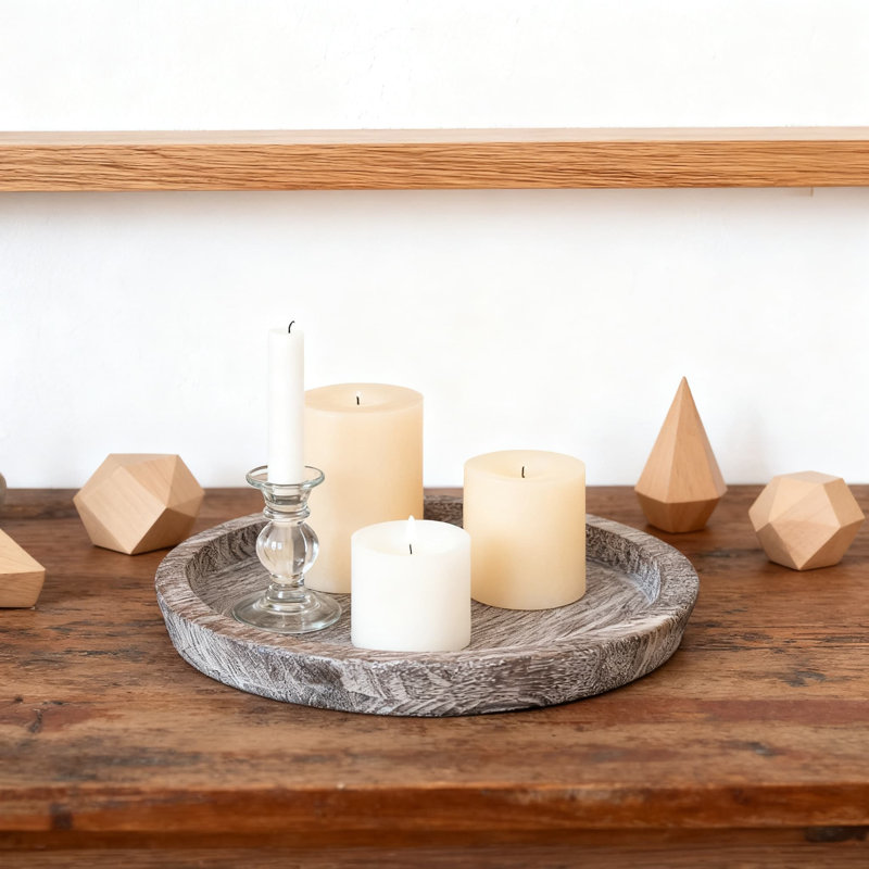 Rustic Wooden Candle Tray Round Farmhouse Centerpiece For Tealight Pillar Candles Holiday Home Decor Wedding Table, Gray