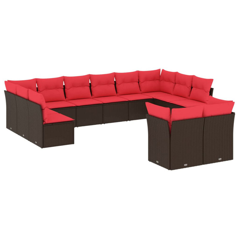 Ensemble de canapé de patio 13 pièces avec coussins en rotin de polyester, Coussin rouge / cadre brun