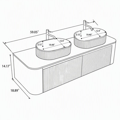 60-Inch Wall-Mounted Double-Sink Bathroom Vanity with Sintered Stone Top, White Oval Ceramic Basins and Towel Rack