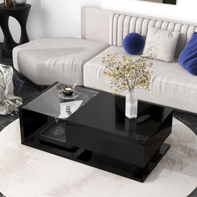 Table basse noire avec glissières en métal et plateau central rectangulaire en verre trempé 2, pour le salon