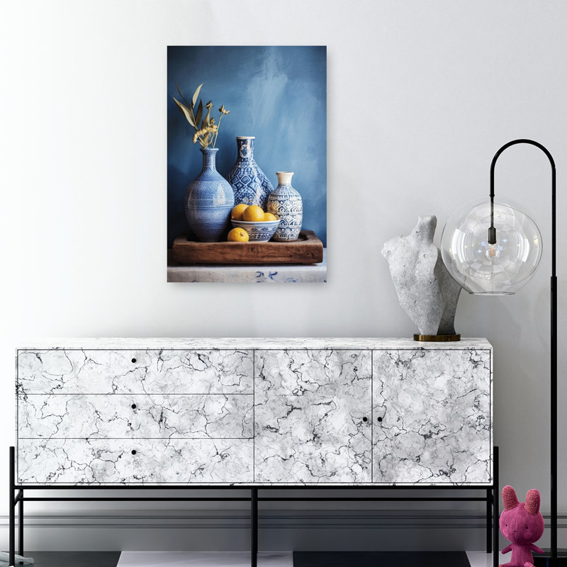 Nature morte Harmonie bleue, style rustique traditionnel vintage, affiche murale, 36" H x 24" W