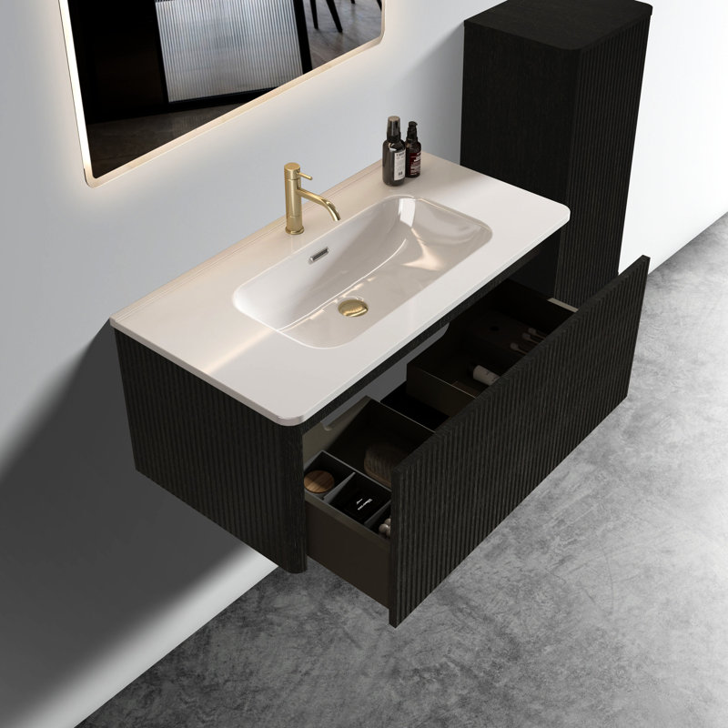 Meuble-lavabo moderne 36 po - Chêne noir brossé rayé, lavabo en céramique blanche, meuble-lavabo pratique pré-assemblé: avec chêne tendance et lavabo brillant