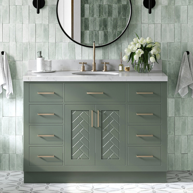 Meuble-lavabo ovale simple 48 po à chevrons avec comptoir en quartz blanc Carrare 1,5 po vert rétro, Ovale, Vert rétro