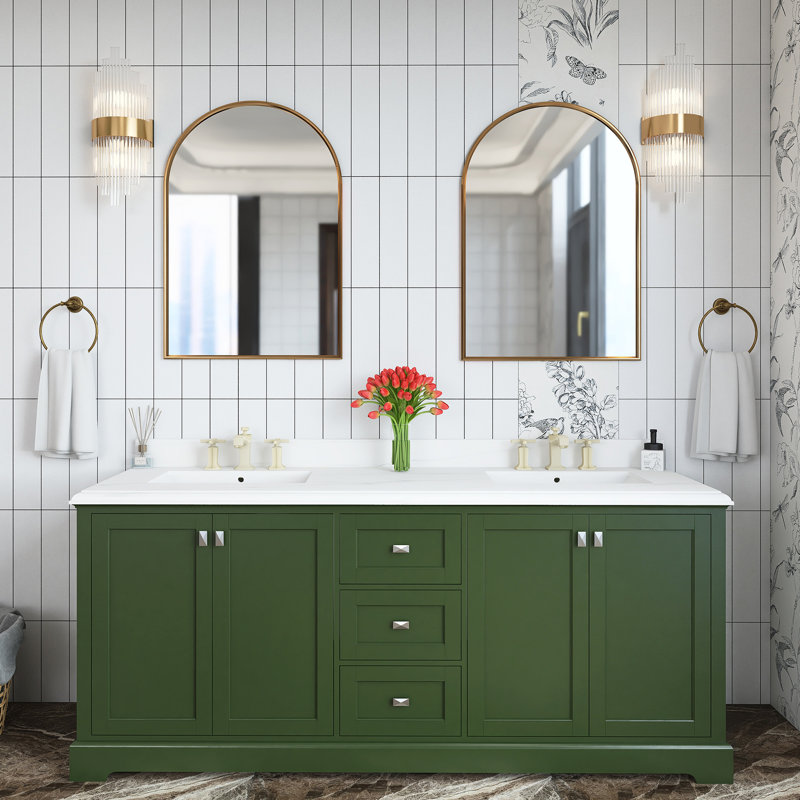 Ensemble de meuble-lavabo autoportant 60 po avec plateau en pierre d'ingénierie Marjina, Vert, Or