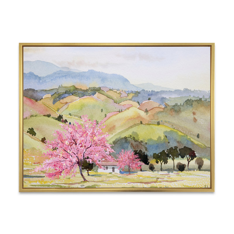 «Pink Mountain Tree in Autumn Landscape», peinture sur toile, L 40 po x H 30 po, Cadre flottant doré