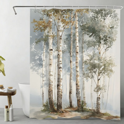 Misty Birch Tree Bath Curtain 72 x 72 inches (180 x 180 cm) with Hooks Neutral Gray