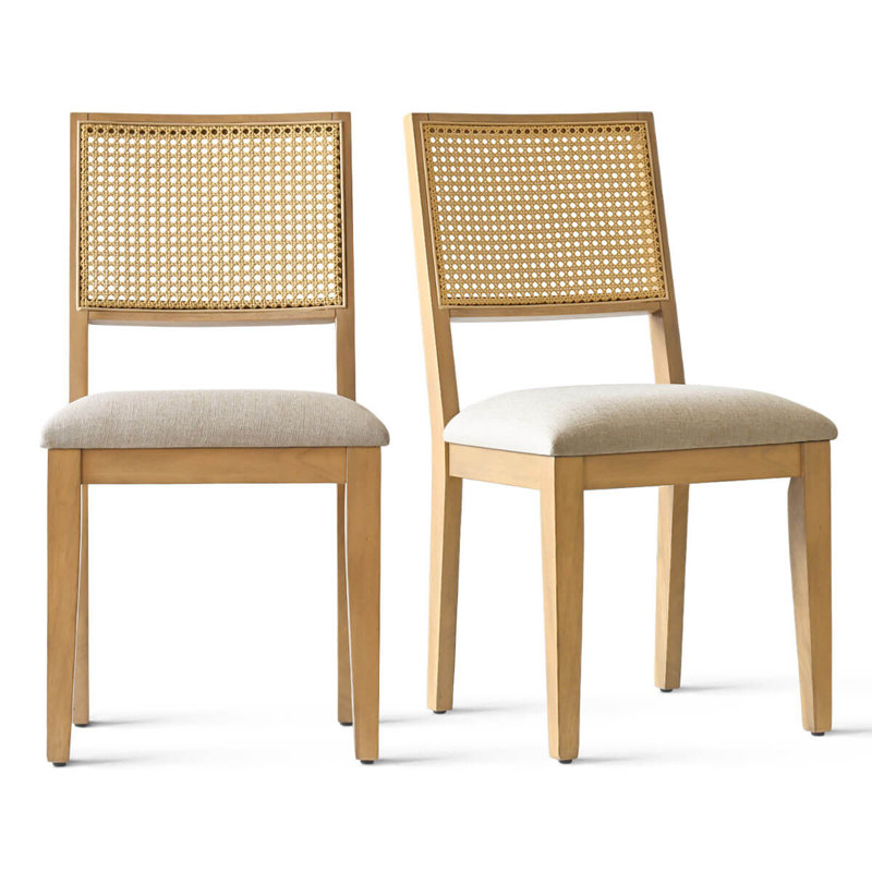 Cane Back Dining Chairs with Solid Wood Legs, Natural Wood