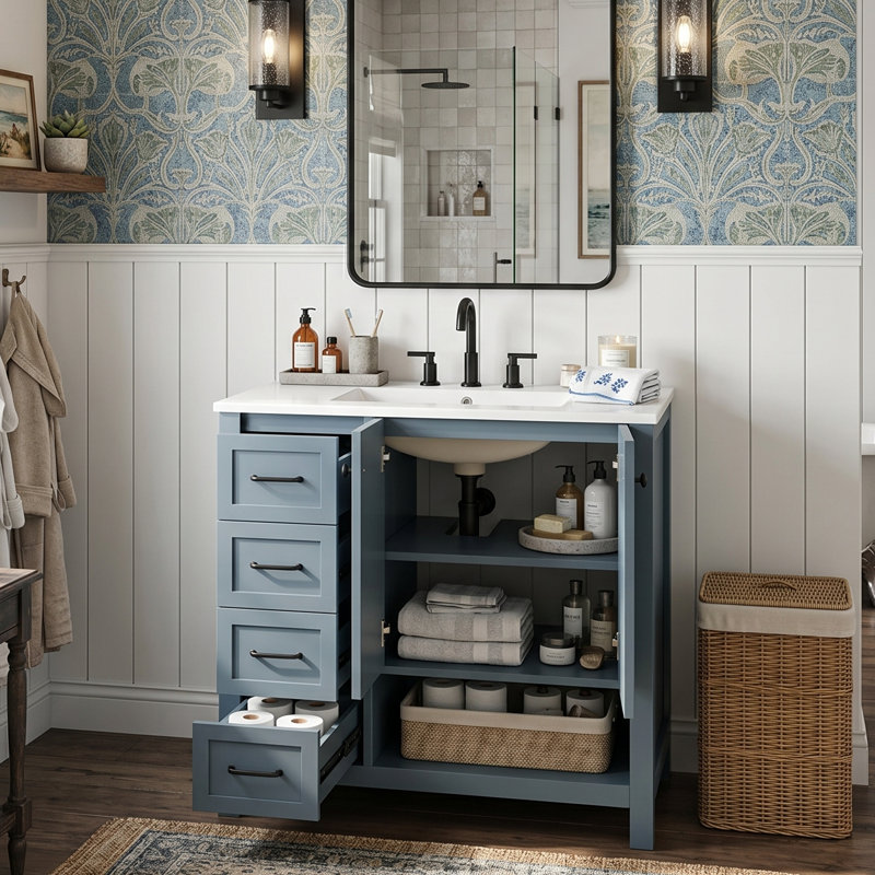 30" Bathroom Vanity with Integrated Ceramic Sink Top Solid Wood & MDF Modern Shaker Cabinet Black/White/Grey/Blue-Grey