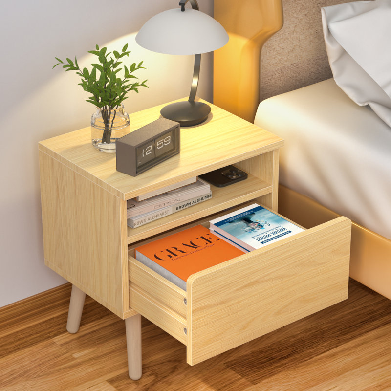 Modern Single Drawer Nightstand,Vintage Bedside Table, Individual, Brown
