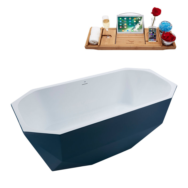 Baignoire de trempage autoportante en acrylique 63 "avec drain et plateau en bambou 63" Streamline, Nickel brossé