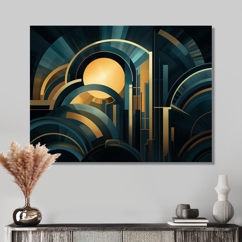 Art nouveau Golden Sunrise - art mural abstrait sur toile géométrique, H 12 po x l 20 po x P 1 po, Toile tendue