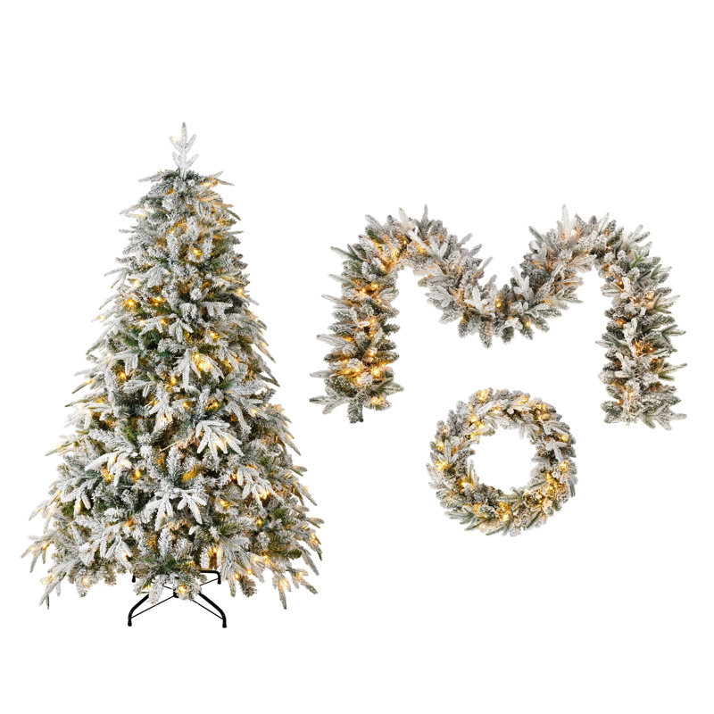 Arbre de Noël 3 pièces avec couronne et guirlande
