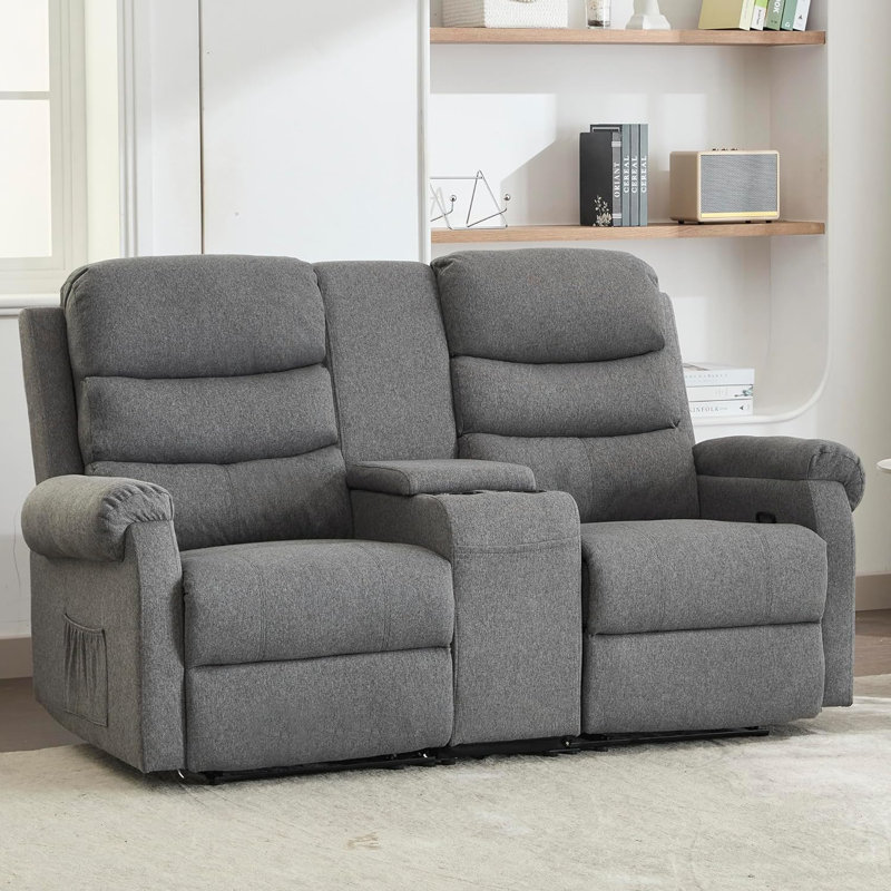 Manual Loveseat Reclining Sofa Couches with Console Double Recliner, Gray Velvet
