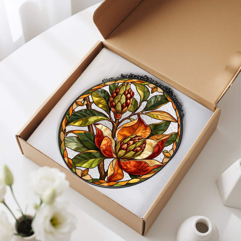 Art sur toile orange et vert avec fleurs de magnolia en verre coloré, H 12 po
