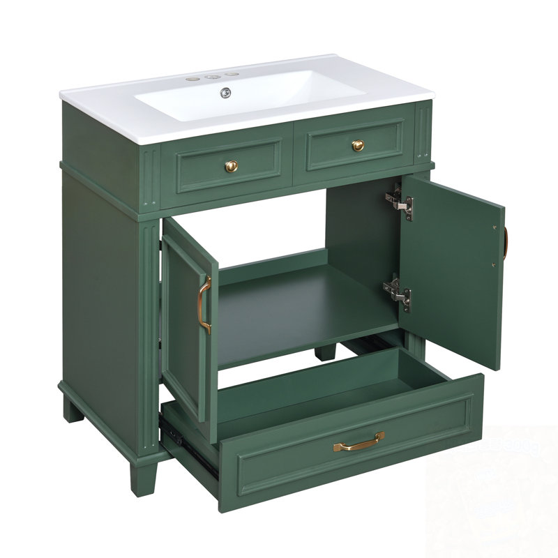 Meuble-lavabo de salle de bain avec lavabo, portes doubles et tiroir, Vert