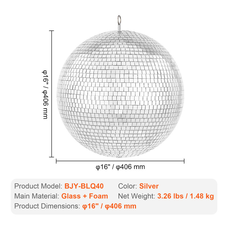 Grande boule disco en argent avec anneau suspendu, 16"