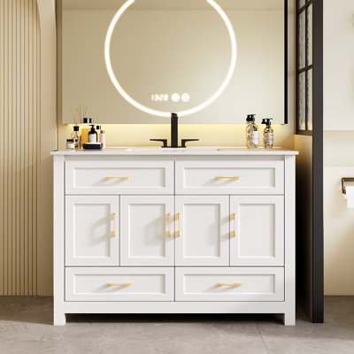 Ensemble de meuble-lavabo blanc moderne 48 po | Structure en bois massif et lavabo en céramique | Portes à fermeture en douceur