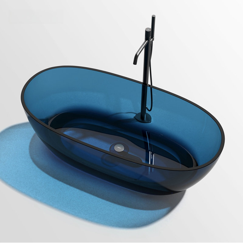 63'' W 22.4'' H Frameless Offset Curved Tub & Shower Kit, Blue