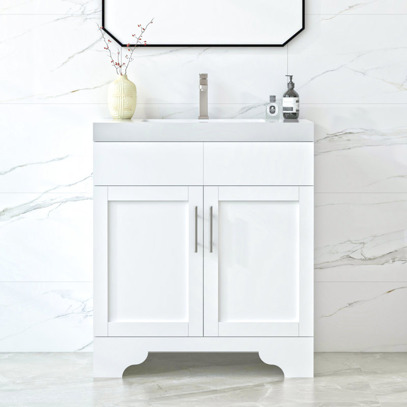 Ensemble de meuble-lavabo autoportant blanc mat avec comptoir en quartz de Carrare 30 po Aurilla, Blanc mat