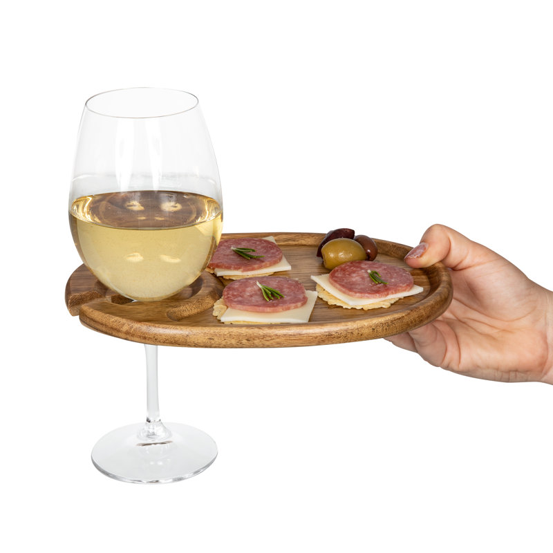 Acacia Wood Wine Appetizer Plates with Glass Holder, Set of 4