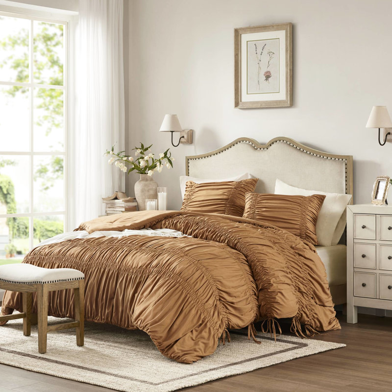 Édredon simple / simple TG, campagne française, édredon romantique, microfibre brossée, léger, toutes saisons, décoration de campagne 2 pièces lavable à la machine, conception avec attaches, microfibre douce pour la détente,