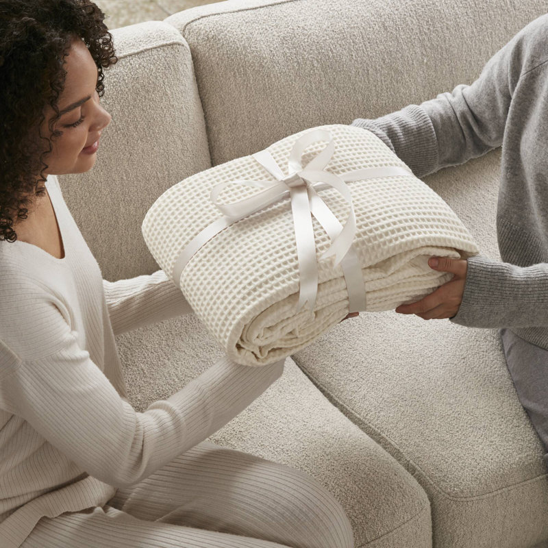 Couverture 100% coton Waffle Weave, Lit simple, Ivoire ivoire