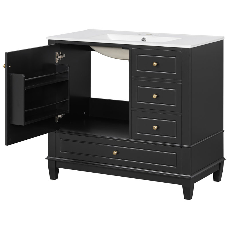 Meuble-lavabo de 36 po avec lavabo en céramique, panneau de fibres à densité moyenne et base en bois massif, 3 tiroirs et armoire avec tablettes, finition peinte en noir, meuble-lavabo autoportant avec trous de robinet de 4 pouces