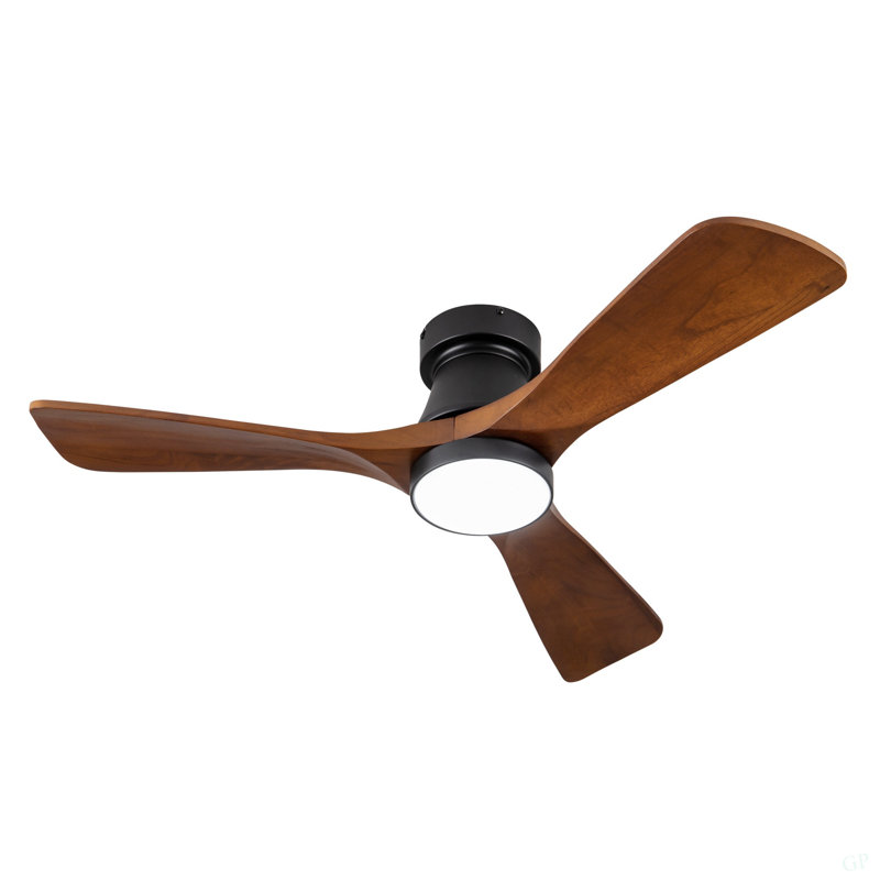 42 Inch Black Flush Mount Ceiling Fan With Light: Dimmable LED (3 Colors), Indoor/Outdoor Reversible DC Motor, 3 Solid Wood Blades For Bedroom, Patio.