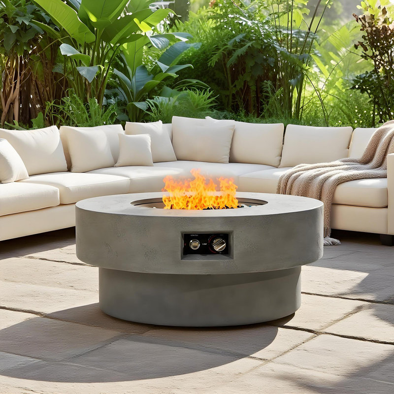 Table ronde pour foyer d'extérieur au propane de 34 pouces, table d'extérieur pour foyer d'extérieur de 50 000 BTU avec couvercle de brûleur rond, pierres en verre, housse