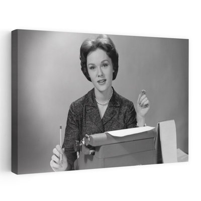1960S Portrait Secretary Seated Behind Typewriter With Steno Book To Side And Pencil In Hand Looking At Camera Classic Retro Vintage Portrait Wall Art