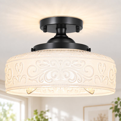 3-Light Black Semi-Flush Mount with Hand-Etched White Glass Shade