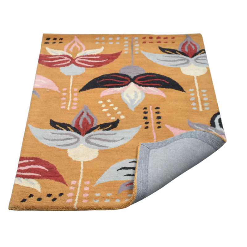 Hand Tufted Wool Eco-Friendly Area Rugs - Rectangle, Gold Color, Floral Modern Design, High Pile Thick Handmade Anti Skid Area Rugs for Living Room, Bed Room