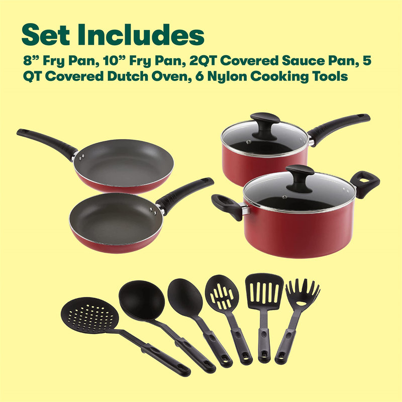 Red 12-Piece Nonstick Aluminum Cookware Set with Glass Lids
