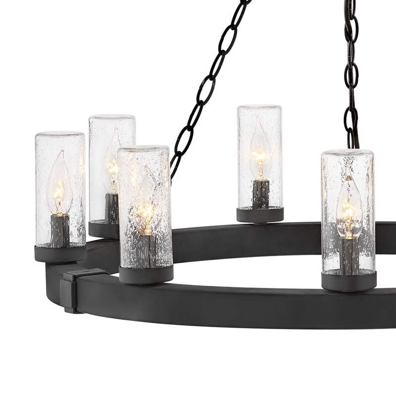Sawyer Black 9-Light LED Outdoor Chandelier with Clear Seedy Glass