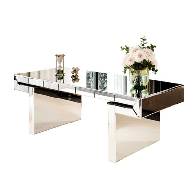 Table basse à miroir rectangulaire de luxe 47 pouces avec verre trempé cannelé, table d'appoint moderne pour canapé, assemblage facile en 2 étapes, style luxueux léger, emballage renforcé