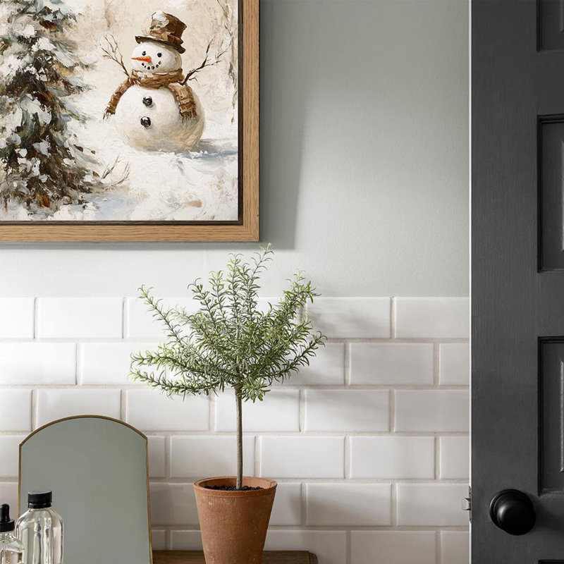Impression sur toile, bonhomme de neige avec arbre de Noël en hiver, H 16 po x l 16 po, Cadre naturel flottant