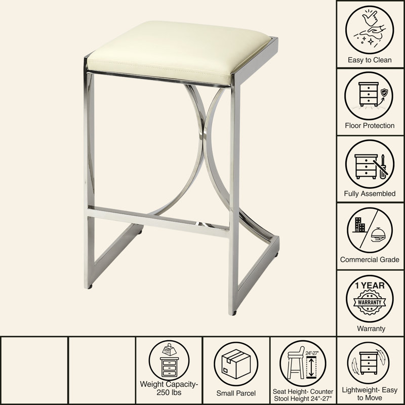 Natalya 24" Bar Stool, Silver, Cream, Counter Stool (24” Seat Height)