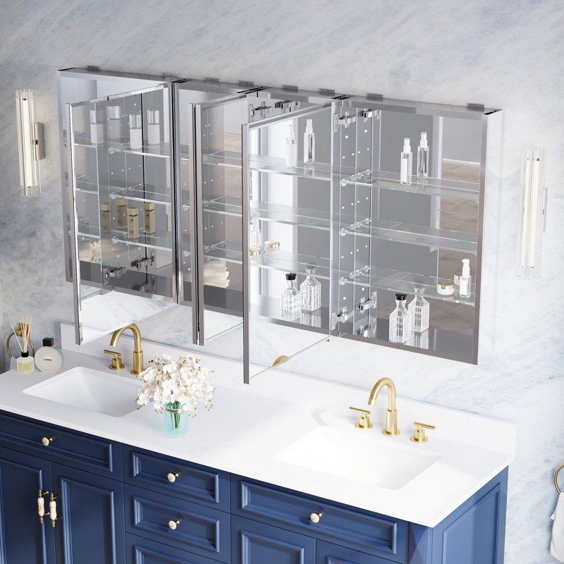 Ensemble miroir de salle de bain encastré ou en saillie, 64 po L x 30 po H, avec armoire à pharmacie biseautée et étagères en verre ajustables
