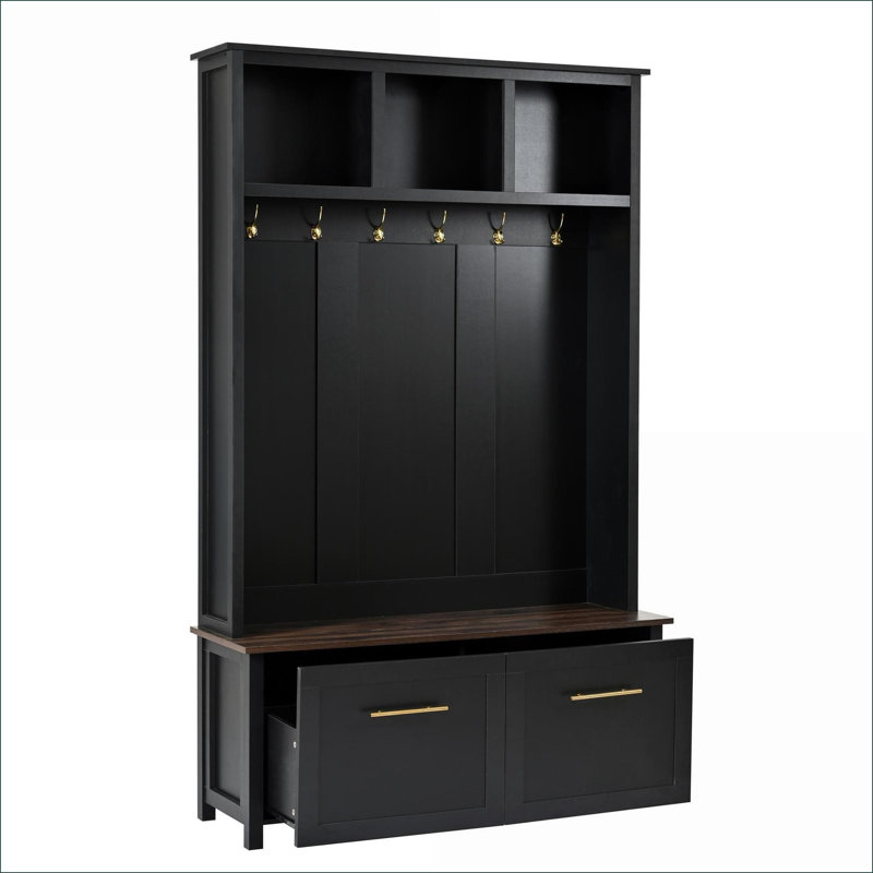 Portemanteaux 4 en 1 avec banc, 6 crochets dorés, 2 tiroirs, siège brun rustique, H 76,6 po | Noir | Panneau de particules