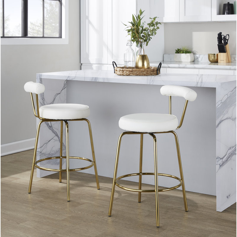 Tabouret de comptoir pivotant doré de 25,5 po Kayson, White/Faux Leather