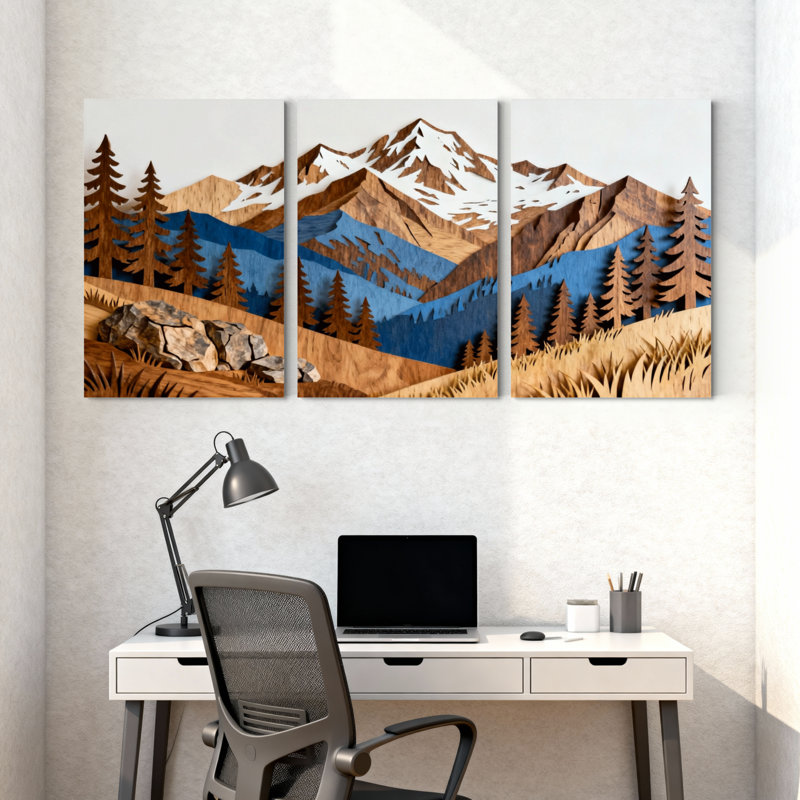 «Landscape & Nature Mountain Landscape with Trees and Lake Reflection», ensemble de 3 impressions d'art sur toile