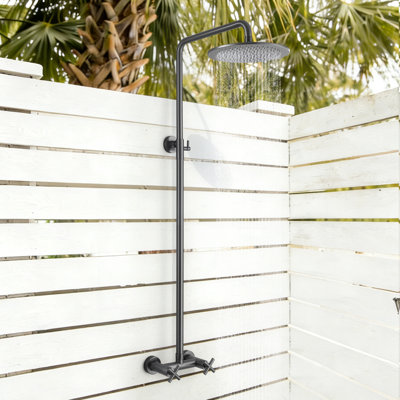 48"H Solid Brass Outdoor 10 Inch Round Rain Shower Set With Dual Cross Handle