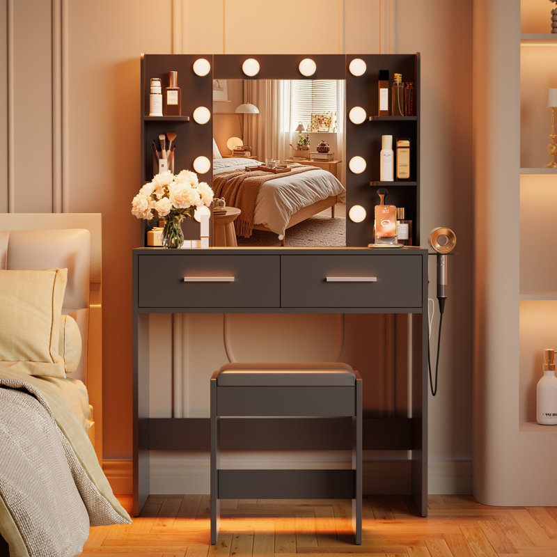 31.5" Makeup Vanity Set with Vanity Stool, 3-Color LED Mirror, Power Outlet, Hair Dryer Holder, 2 Drawers, Black, Yes