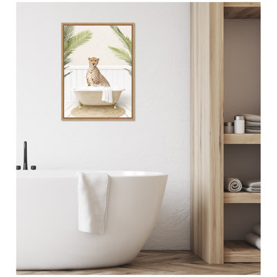 «Cheetah in Palms Bath» par Amy Peterson, reproduction d'art sur toile encadrée