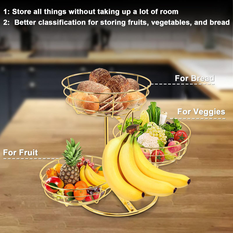Panier à fruits avec support à banane, panier de rangement pour fruits et légumes avec support à bananier (doré / 3 niveaux)