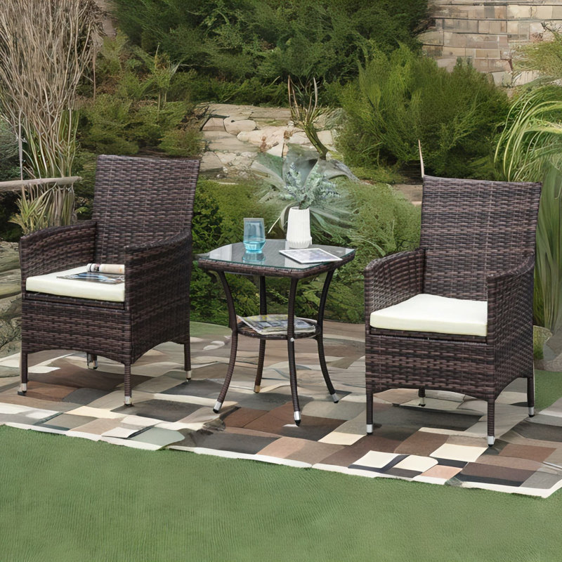 Barnish Rattan Wicker 3-Piece Garden Chair & Table Set Outdoor Furniture