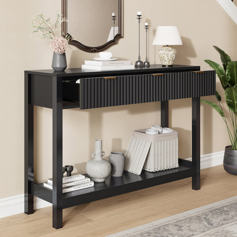 2-Tier Modern Console Table With With 3 Drawers, Set of 2 Black Wood Entryway Table Set For Living Room, Black